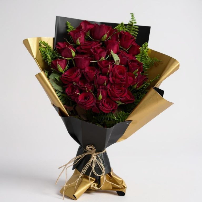Royal Burgundy – Deep Red Rose Bouquet in Black & Gold