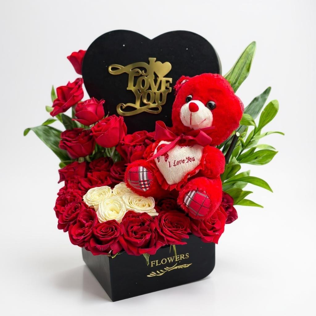 Arrangement Romantique avec Roses Rouges, Peluche et Message “I Love You”