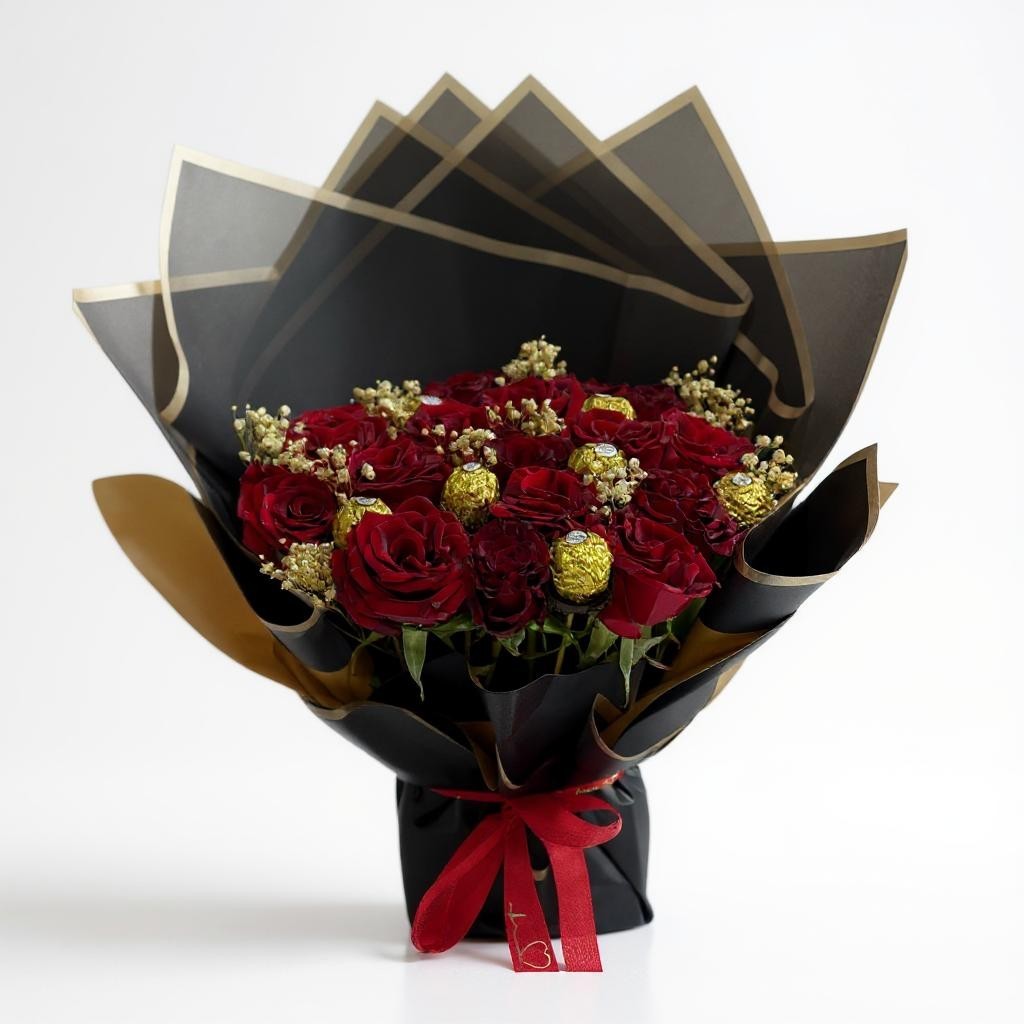 Red Roses Bouquet with Ferrero Chocolates – Elegant Gift